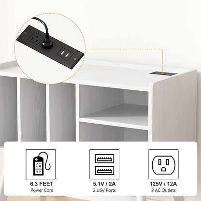 Forevich Record Player Stand Table with Vinyl Storage Holder Large Turntable Record Stand with Power Outlet Holds Up to 220 Albums Display Shelf Cabinet with Wood Legs for Living Room White