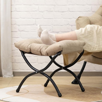 HollyHOME Fabric Lazy Chair with Foldable Ottoman, Accent Comfy Lounge Arm Chair and Folding Footrest Stool Set, Leisure Sofa Reading Chair and Footstool for Living Room, Bedroom, Dorm, Coffee&White