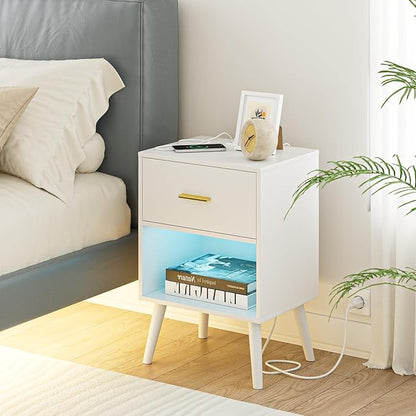 Nightstand with Charging Station and LED Lights, Small Side Table, Bedside Table with Drawer, Modern Night Stand, End Table for Bedroom, Living Room (White)