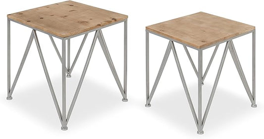 Kate and Laurel Uzma 2-Piece Modern Side Accent Tables Geometric Metal Silver Base with Natural Wood Tops