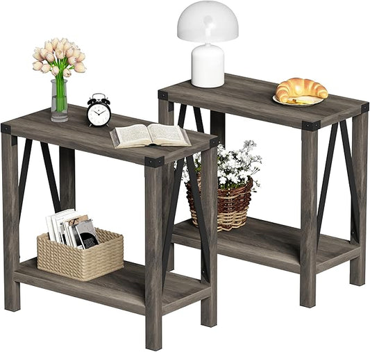 ChooChoo Farmhouse End Table for Small Spaces, Narrow Side End Table with Storage Shelf, Rustic A-Design Nightstand Sofa Table for Living Room, Bedroom (Grey) 2 Pack