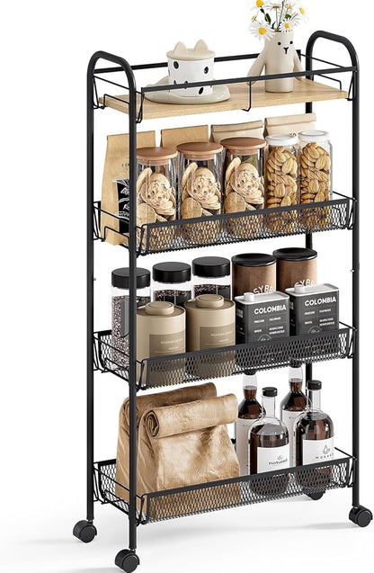 KINGRACK Metal Slim Rolling Cart,4-Tier Metal Utility Cart,Storage Cart with Wooden Tabletop, for Narrow Space on Laundry Bathroom Kitchen Room Bedroom Apartments Dormitory (Pure Black, Slim)