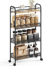 KINGRACK Metal Slim Rolling Cart,4-Tier Metal Utility Cart,Storage Cart with Wooden Tabletop, for Narrow Space on Laundry Bathroom Kitchen Room Bedroom Apartments Dormitory (Pure Black, Slim)