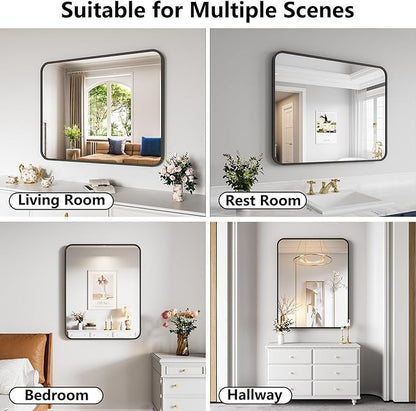 Koonmi Bathroom Mirror, 32X40 Inch Black Metal Framed Mirror for Bathroom, Tempered Glass, Anti-Rust, Rounded Rectangle Mirror for Restroom, Bedroom, Black