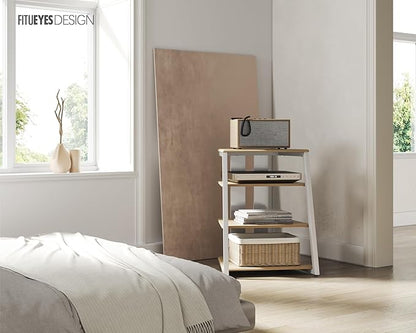 FITUEYES Design 4-Tier AV Media Stand Corner Shelf Stand Wooden Corner Shelves Component Cabinet Stereo Rack Audio Tower with Height Adjustable Wooden Shelves for ps4 (White Oak)