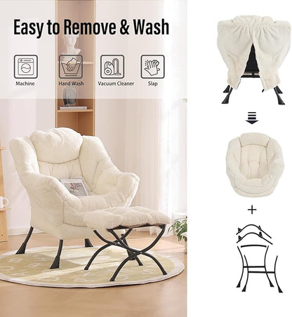 Lazy Chair with Ottoman, Modern Chair with Folding Footrest, Lounge Accent Chair, Comfortable Reading Chair for Bedroom, Study, Living Room, Courtyard (Plush Beige)