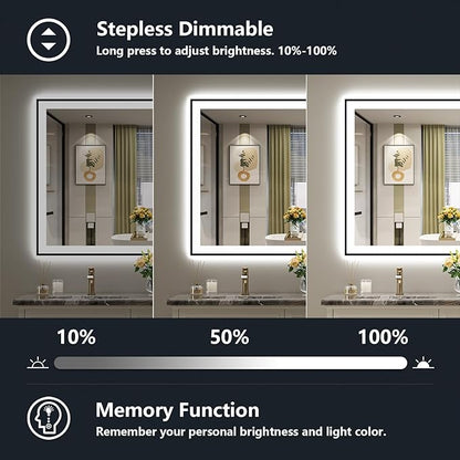 40x32 Inch LED Bathroom Mirror with Lights (Front Lit and Backlit) Black Framed Lighted Vanity Mirror for Bathroom Wall Dimmable Anti-Fog Memory Tempered Glass Horizontal/Vertical