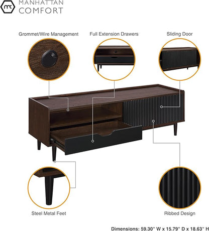 Manhattan Comfort Duane Modern Ribbed 55 Inch TV Stand with 1 Drawer, 2 Shelves, Sliding Door, and Wire Management, Mid-Century Style Entertainment Center and Media Console for Living Room, Black