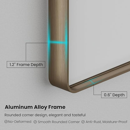 Bronze Bathroom Mirror 48x30 Inch, Brushed Bronze Metal Frame Mirror for Wall, Rounded Rectangle Bathroom Vanity Mirror with Tempered Glass, Anti-Rust, Horizontal/Vertical