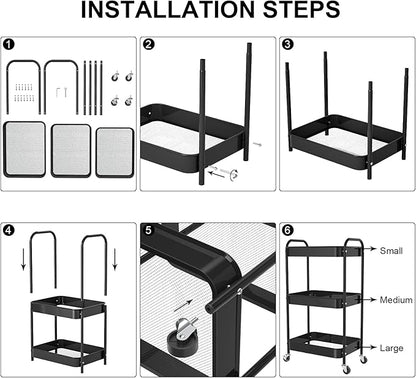 3-Tier Rolling Metal Storage Cart with Wheels, Multi-Functional Organizer for Office, Kitchen, Bathroom, Books Diapers - Easy Assembly (Black)