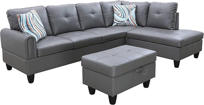 NicBex Sectional Couch 3 Pieces Sofa Set with Left Chaise Faux Leather L Shaped Cloud Couch for Living Room Furniture Sets with Storage Ottoman, Modular Sofa for Living Room & Apartment, Gray