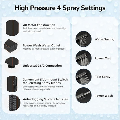 Hibbent All Metal 8'' Rainfall Shower Head, Shower Head Combo, High Pressure Handheld Shower Wand, 4 Sprays, 16'' Adjustable Arc-shaped Extension Arm, 71'' Hose, Showerhead Holder, Oil Rubbed Bronze