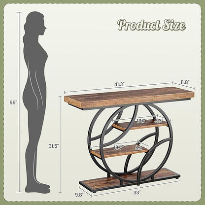 Huuger 41.3 Inch Entryway Table, Industrial Console Sofa Table with Storage, Accent Table with Shelves, for Entry, Hallway, Entrance, Foyer, O-Shaped Metal Frame, Rusitc Brown