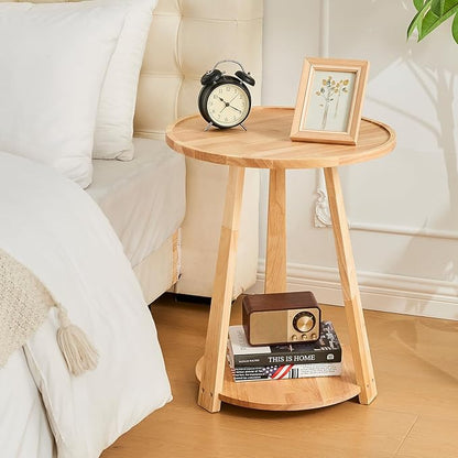 CozyDH Round End Table, Wooden Narrow/Little Coffee/Sofa/Couch SideTable with Lower Shelf for Living Room Bedroom, Solid Wood Bedside Nightstand, Natural