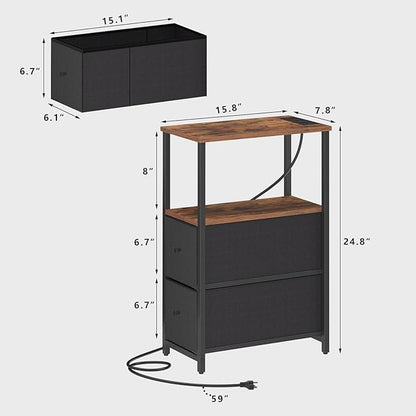 TUTOTAK Small Narrow End Table with Charging Station, Set of 2, Side Table with Outlets, Nightstand with 2 Cloth Drawers, Couch Table, for Living Room, Bedroom, Bedside, Brown and Black TB01BB055K