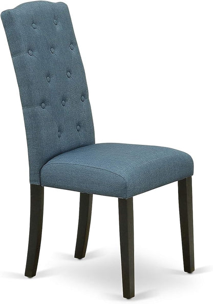 East West Furniture LGCE7-BLK-21 7 Piece Modern Dining Set Consist of a Rectangle Dining Table with Butterfly Leaf and 6 Mineral Blue Linen Fabric Upholstered Chairs, 42x84 Inch, Black