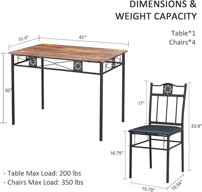 VECELO Kitchen Dining Room Table Sets for 4, 5 Piece Wood Rectangular Breakfast Nook, Dinette with PU Padded Chairs, Brown