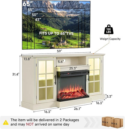 ROCKPOINT 3 Sided Glass 59'' Fireplace TV Stand for TVs up to 65'', Media Entertainment Center with Glass Door Storage Cabinet for Living Room,24” Electric Fireplace & Adjustable LED Light,White