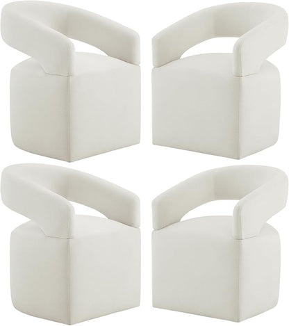 Upholstered Dining Chairs with Removable Casters Barrel Side Armchair with Rollers for Diningroom Bedroom Livingroom Reading Room, Ivory, 4PCS
