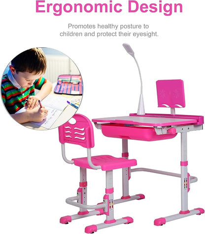 Kids Desk and Chair Set, Height Adjustable Child's School Study Writing Tables with Tilt Desktop, LED Light, Storage Drawer, Book Stand (Pink)