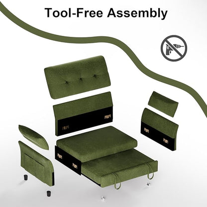 Vipbear 3-in-1 Chenille Convertible Sofa Bed, Pull Out Sleeper Sofa with Side Pocket & Adjustable Backrest, Tool-Free Assembly, Folding Loveseat for Living Room, Apartment, Green