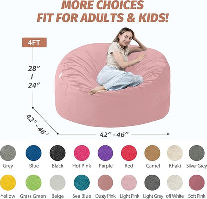 4FT Bean Bag Chair with Ultra Soft Velvet Cover Bean Bag Sofa with Memory Foam Bean Bag Chairs with Large Size Lazy Sofa for Dorm Office Living Room Bedroom Light Pink 4'