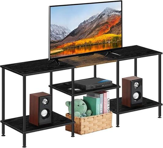Small TV Stand with Power Outlet, Industrial TV Media Console with Storage Black Wood Entertainment Center up to 50 inch TV for Living Room, Bedroom, Kids Room