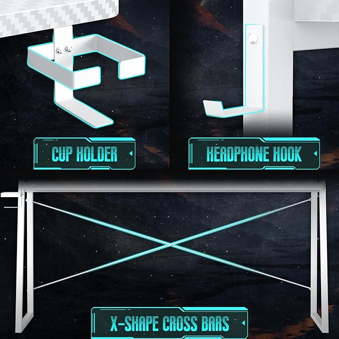 Gaming Desk with Hutch and LED Lights, Gaming Computer Desk with Power Outlets, Gamer Desk with Storage Shelves, PC Game Desk with Pegboards for Bedroom, Carbon Fiber White, 49"