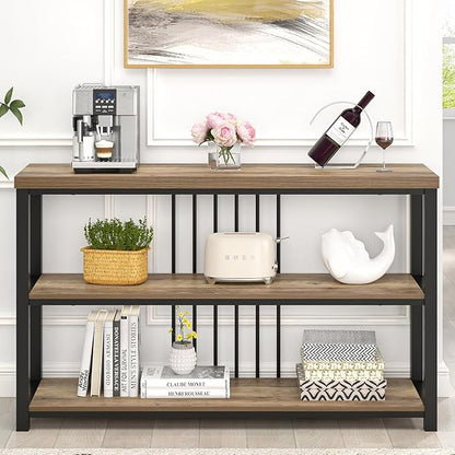 FOLUBAN Modern Sofa Table for Entryway, 3 Tier Narrow Console Table for Living Room Hallway Behind Couch, Rustic Oak