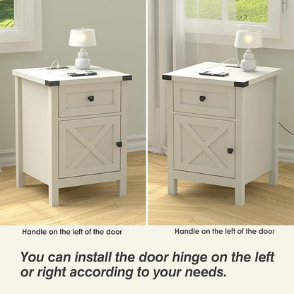 Farmhouse Nightstand with Charging Station, White Side Table, Rustic End Table with Barn Door and Drawer, Rustic Floating Nightstands Modern Bed Side Table Night Stand for Bedroom and Living Room