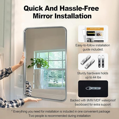 ANDY STAR 22x30'' Brushed Nickel Bathroom Mirror, Rounded Rectangle Brushed Silver Mirror for Bathroom Vanity SUS304 Metal Tube Framed(Rustproof) 1’’ Deep Wall Mounted Vertically/Horizontally