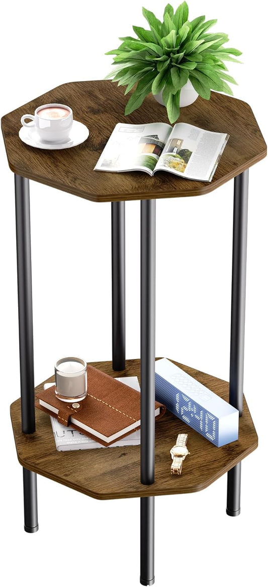 Side Table, Octagonal End Table for Small Spaces, Nightstand with 2 Storage Shelves, Small Table Stand for Bedroom, Living Room, Outdoor Balcony(Brown)