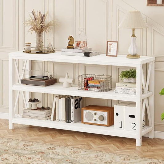 FATORRI Console Table for Entryway, Long Sofa Table with 3 Tier Shelves, Modern White Hallway Tables for Living Room (55 Inch, White Oak)