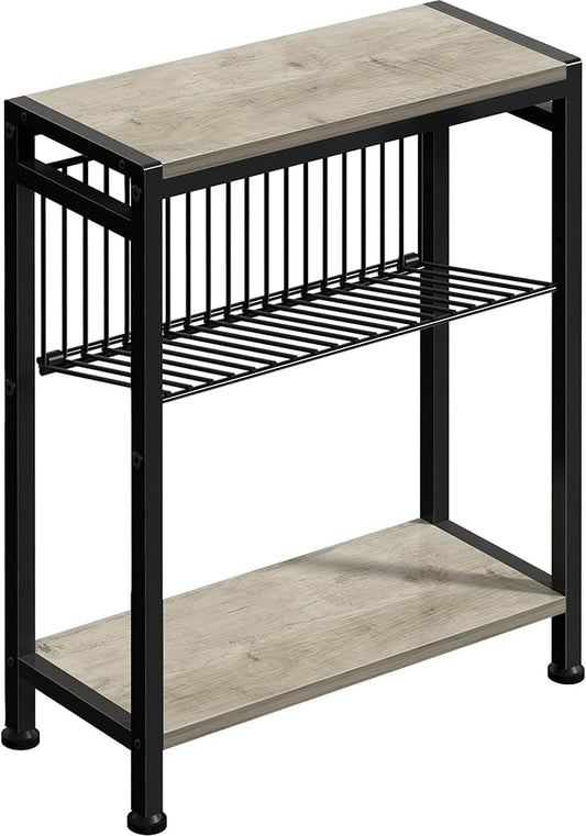 Small Side Table for Small Space, 3-Tier Narrow End Table with Magazine Holder, Slim Nightstand, Skinny Snack Couch Table in Living Room, Bedroom, Study, Kitchen and Balcony (Greige)