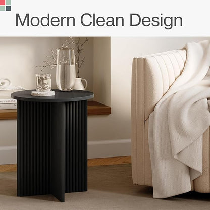 Fluted Round Side Table - 16-in Round Top, Blackened Oak & Solid Wood X-Base - End Table for Living Room & Nightstand - Pedestal Base