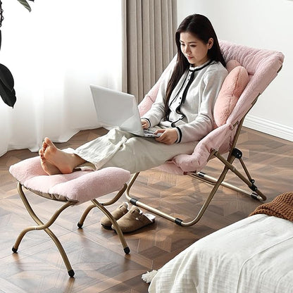 Welnow Comfy Saucer Chair with Ottoman, Oversized Folding Reading Chair for Adults with Throw Pillow Soft Faux Fur Lounge Chair for Bedroom Furry Accent Chair for Living Room, Dorm Rooms, Pink