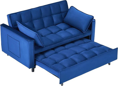 Ball & Cast 3 in 1 Convertible Sleeper Sofa Bed,Velvet Futon Couch with Pull-Out Bed,Convertible Pull Out Couches W/ 2 Pillows,Adjustable Backrest & Side Pocket,for Living Room,Apartment,Blue,55"