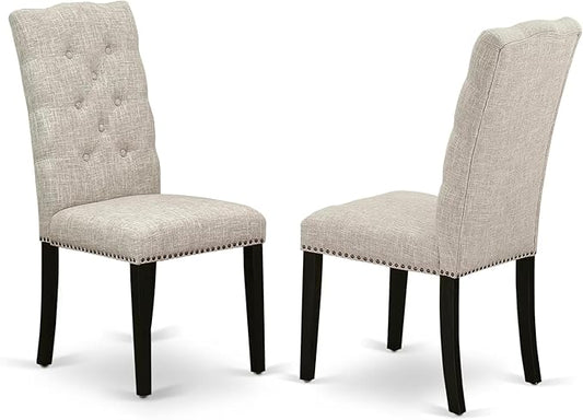 East West Furniture ELP6T35 Elsa Parson Dining Room Chairs - Button Tufted Nailhead Trim Doeskin Linen Fabric Padded Chairs, Set of 2, Wirebrushed Black