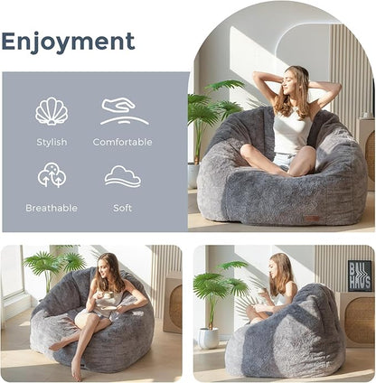 MAXYOYO Giant Bean Bag Chair, Oversized Bean Bag Couch for Adults and Kids, Faux Fur Shell-Shaped Large Chair with Filler, Stuffed Big Accent Sofa Lounge Floor Sofa for Gaming, Reading, Dark Grey
