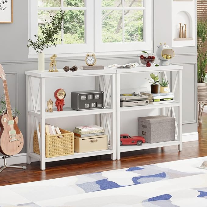 FATORRI Small Bookshelf for Small Space, Short Rustic Low Bookcase, Modern Wood and Metal Book Shelf and Narrow Book Case for Living Room, Hallway (White Oak)