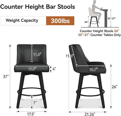 Counter Height Bar Stools Set of 4, Modern Swivel Barstools with Back and Wood Legs, Faux Leather Upholstered Bar Chairs, 26" H Kitchen Counter Stools, Kitchen Island Home Bar, Black Grey