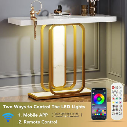 LITTLE TREE Modern Entryway Console Table with LED Lights, White and Gold