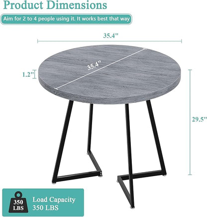 VECELO 35" Round Dining Table for 4, Wood-Grain Tabletop & Heavy-Duty Steel Frame, for Kitchen, Living Room, Easy Assembly, Light Grey