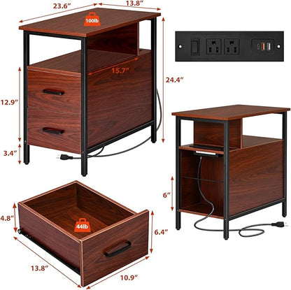 Narrow Side Tables with Charging Station, Narrow End Table with Wooden Drawers, USB Ports and Power Outlets, Nightstand and Bedside Table for Bedroom, End Tables Living Room, Espresso