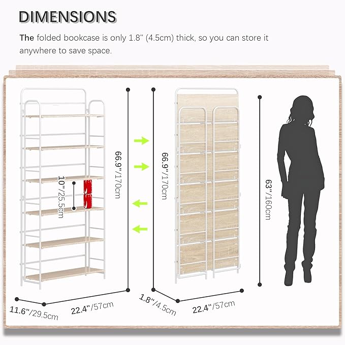 4NM No Assembly Folding Bookshelf 6 Tiers Vintage Industrial White Book Shelf Metal Foldable Storage Bookcase and Bookshelves for Living Room,Bedroom and Kitchen - Natural