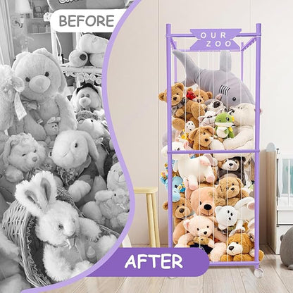Stuffed Animal Storage Zoo with Wheels, Wooden Large Stuff Animals Plushies Holder Toy Organizer Kids Plush Storage Cage with Elastic Band and Net for Nursery Playroom Corner for Toddler (Purple)