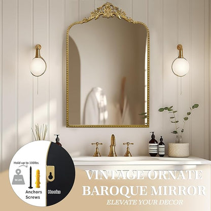 G-LEAF Vintage Baroque Mirror 24"X36",Arched Mantel Victorian Antique Farmhouse Mirror with Gold Ornate Metal Frame for Fireplace Entryway Living Room Hallway Bathroom
