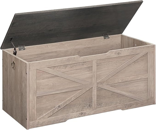 Storage Chest, 43.3" Wooden Storage Trunk, Retro Storage Bench with Safety Hinge, Toy Box, Farmhouse Style, for Bedroom, Living Room, Charcoal Gray and Greige MCW11HC