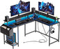53inch L Shaped Desk,L Shaped Gaming Desk with Power Outlets & LED Lights, Computer Desk with Monitor Stand & Storage Bag, Home Office Desk Corner Desk with Hooks, Easy to Assemble, Black