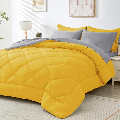 HEVUMYI King Comforter Set - 7-Piece All Season Bed in a Bag King, Ultra Soft Bedding Set with Comforter, Flat Sheet, Fitted Sheet, Pillowcases, Pillow Shams, Yellow & Light Grey